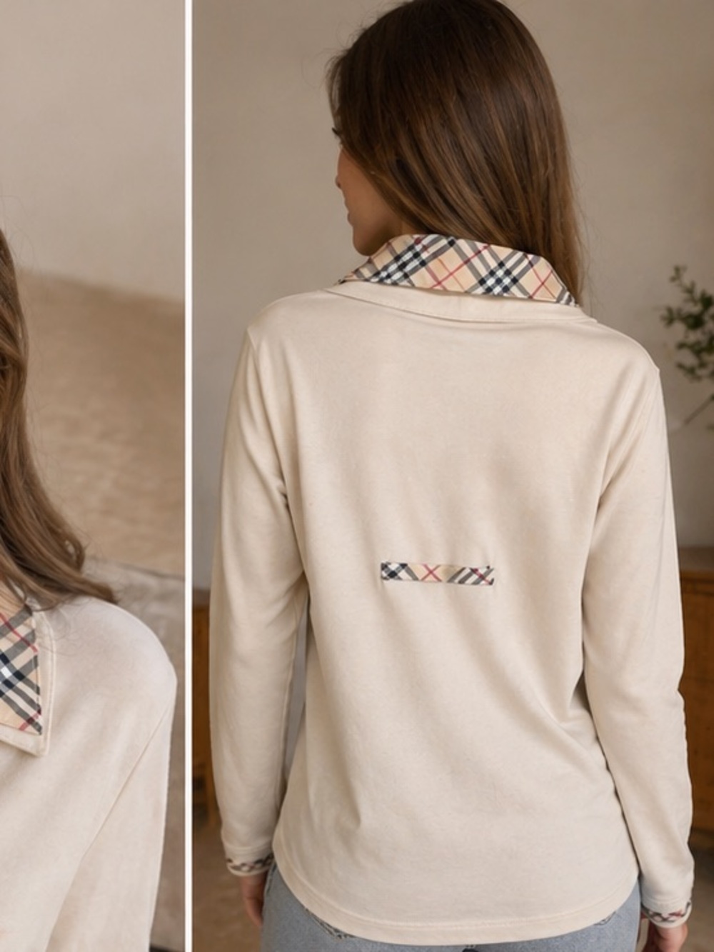 Plaid-Trim Cream Long Sleeve Henley Top